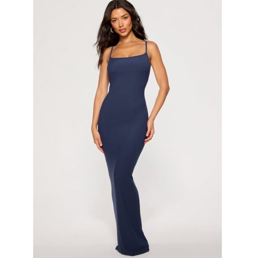 New Navy Blue Fabletics Soft Rib Ribbed Maxi Dress XS